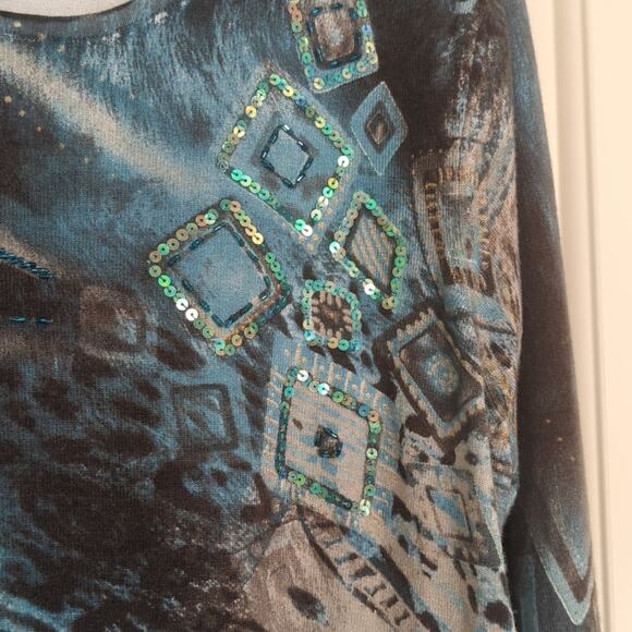Chagall Turquoise Animal Print Sequin Embellished Lightweight Sweater Sz. XL - Picture 2 of 7